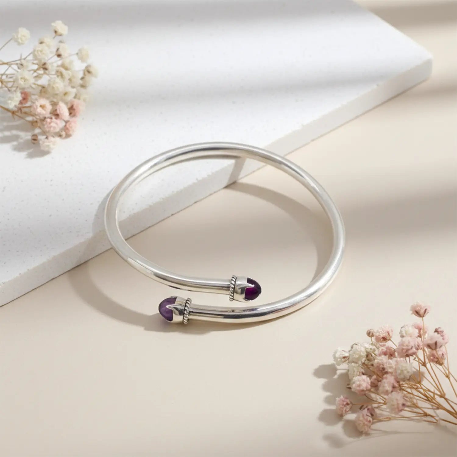 Amethyst Tip Openable Pure Silver Kada- Made With Pure 925 Silver